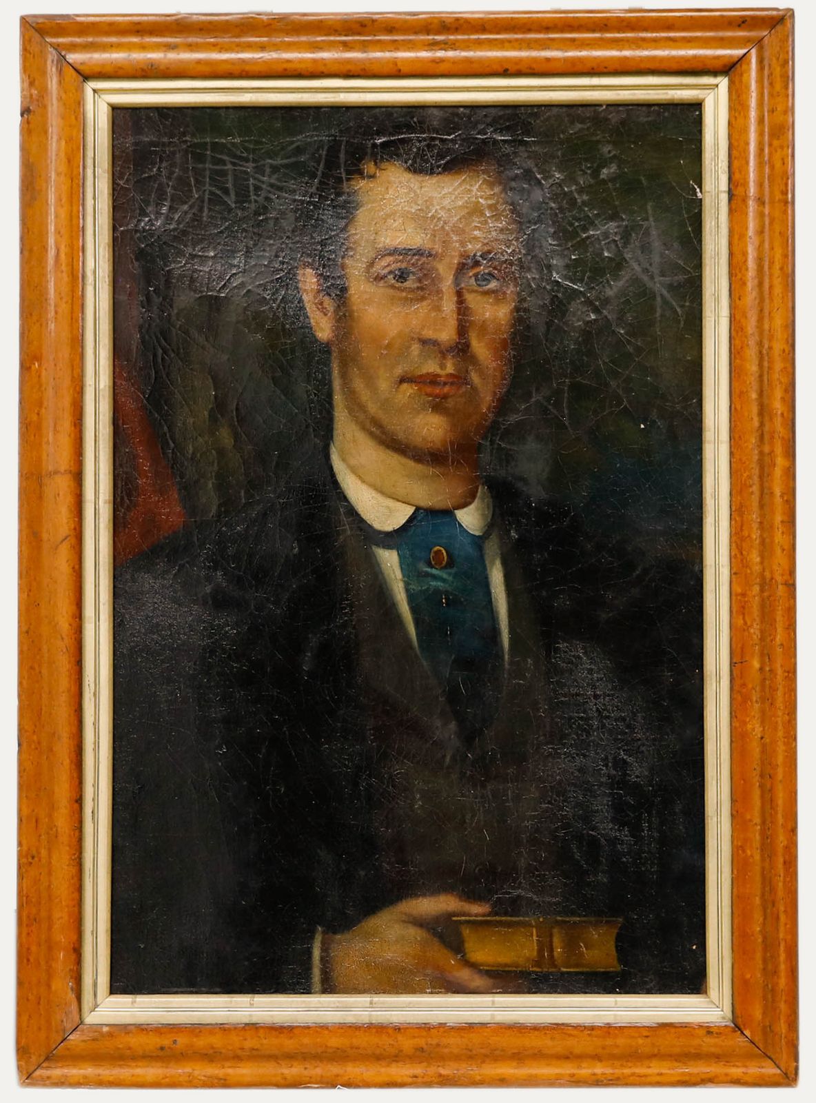 Folk Art Late 19th Century Oil Portrait Of A Gentleman With A Book