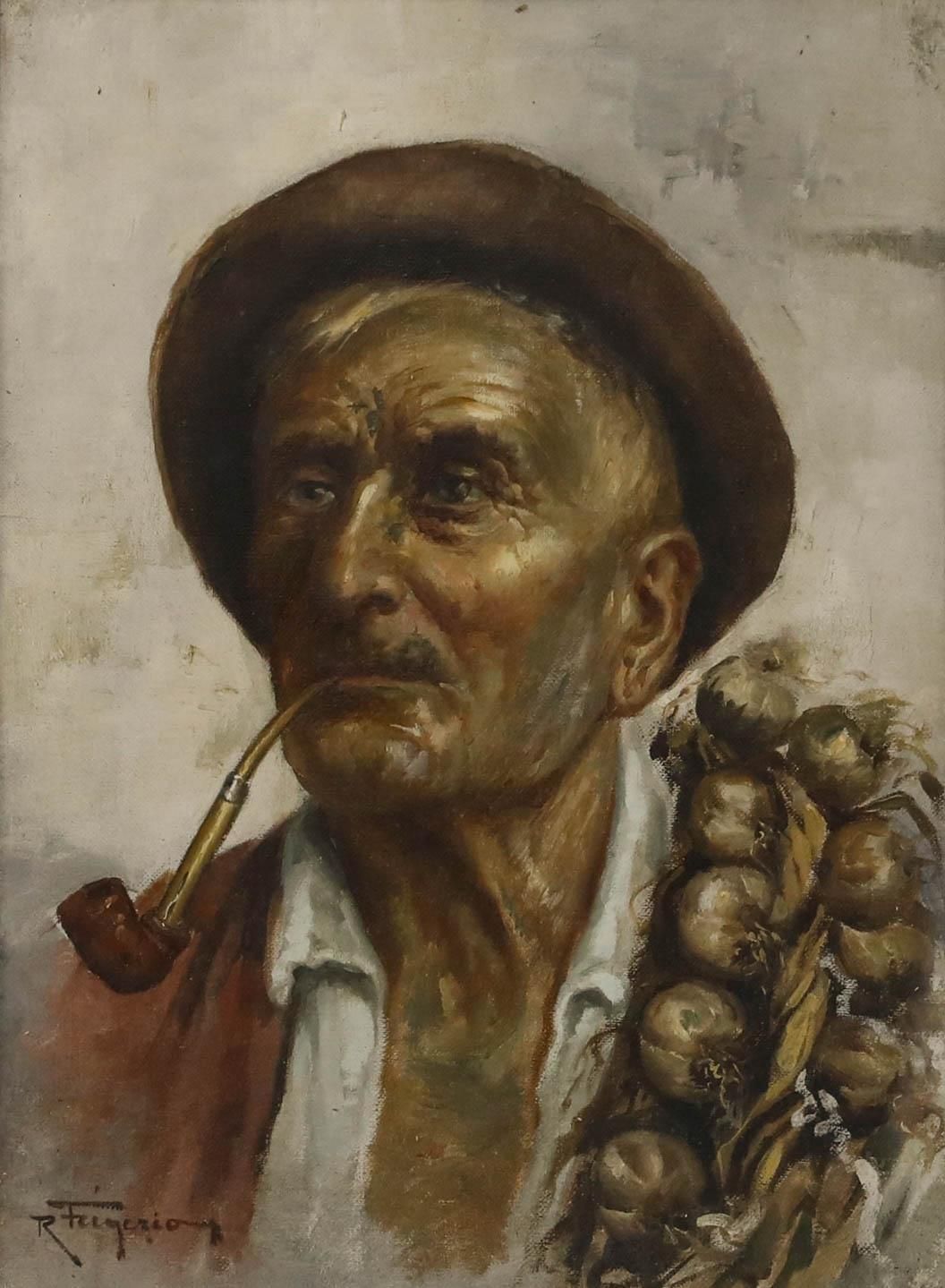 Raffaele Frigerio (1875 1948) Early 20th Century Oil, The Garlic Picker photo furniture