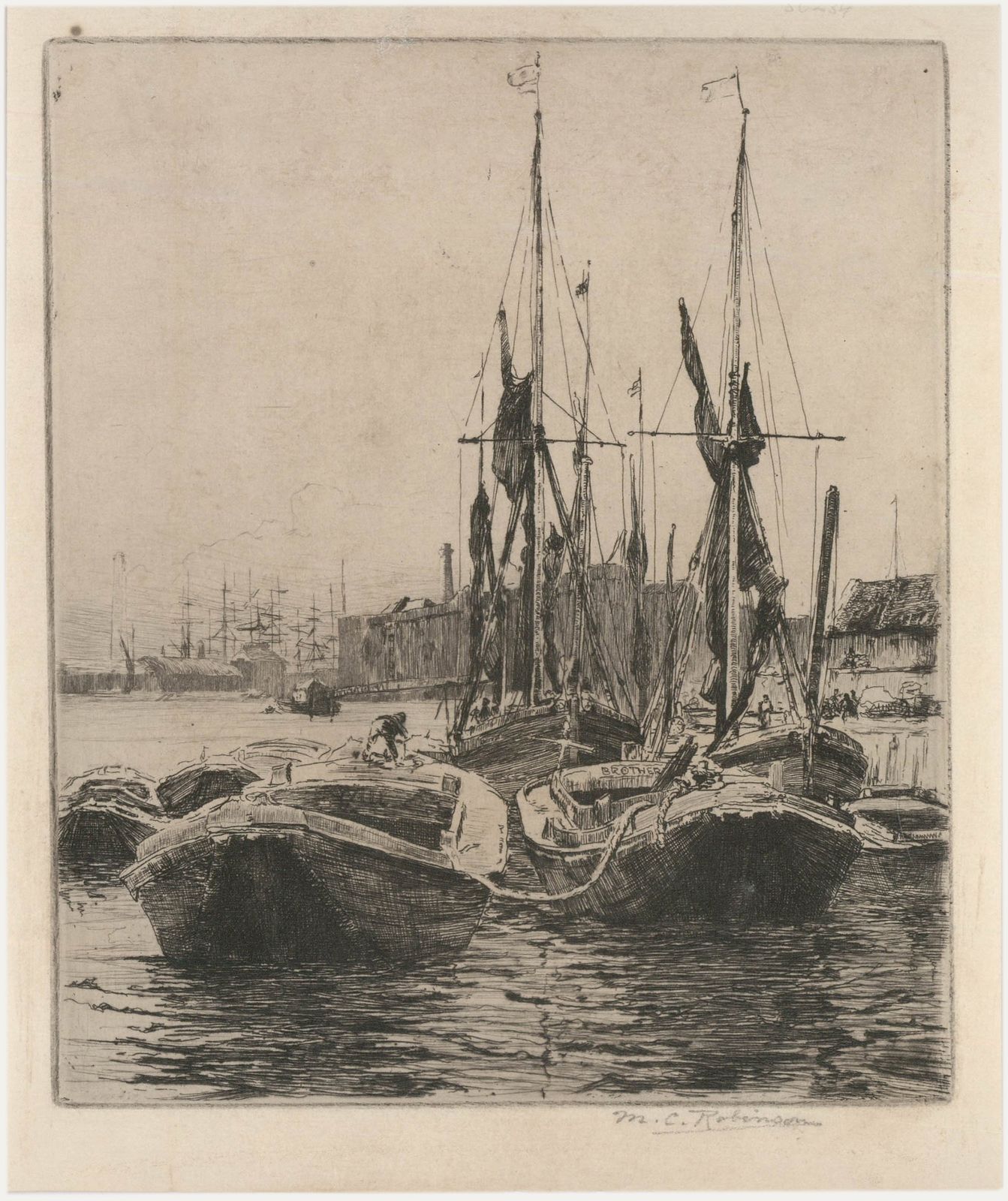 Mabel Catherine Robinson (1875 1953) Etching, Boats In The Harbour