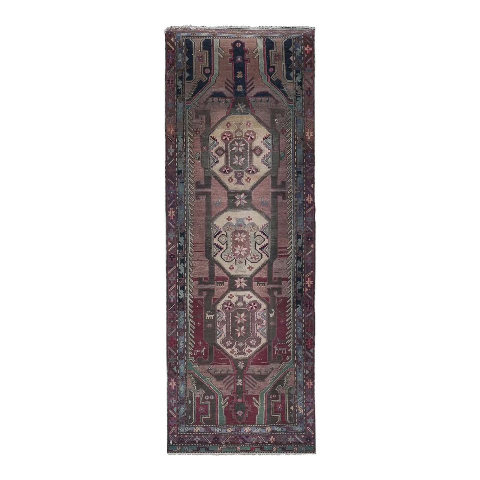 Hand Knotted Caucasian Animal Runner Rug 3'9'' X 10'6''