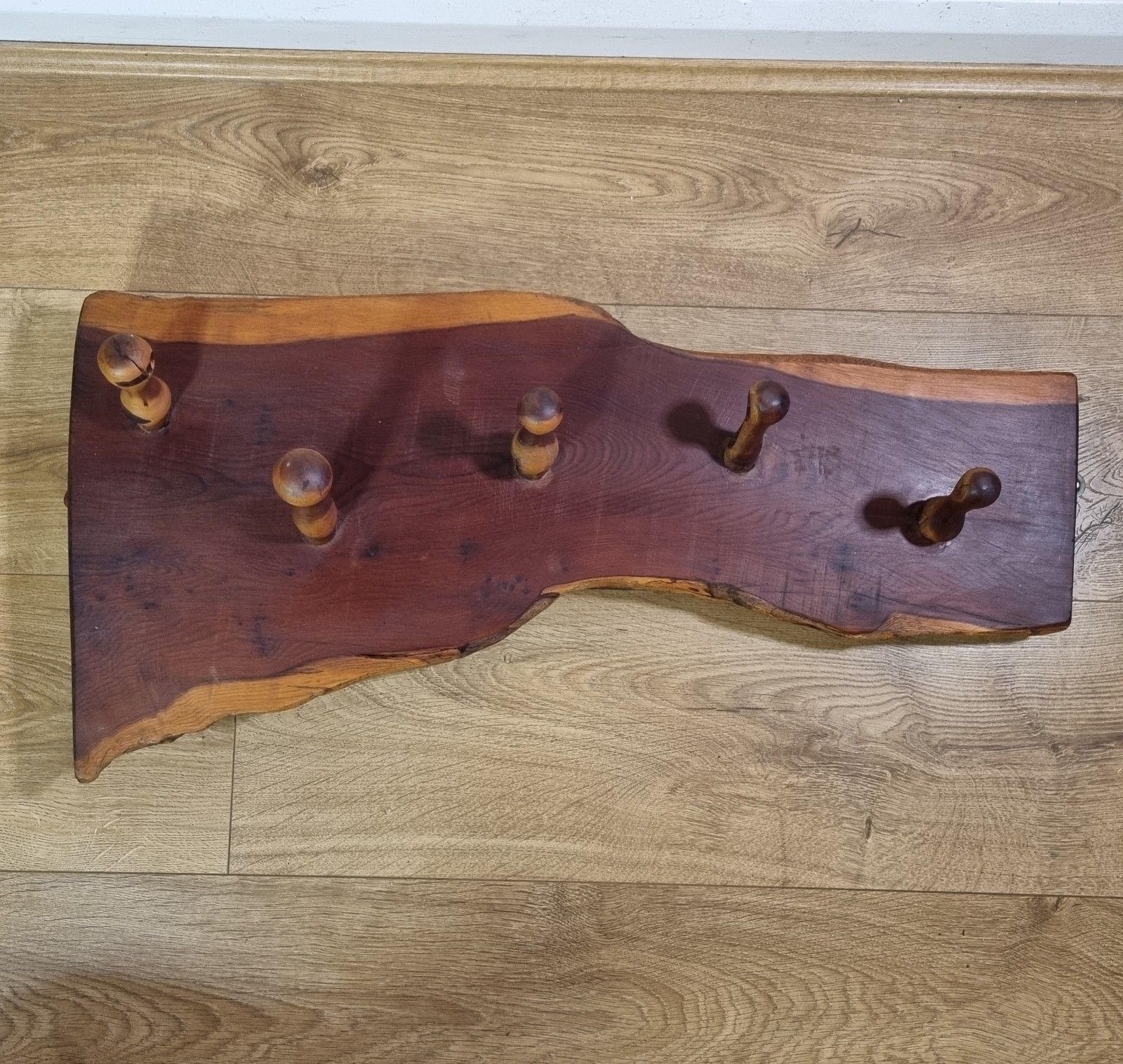 Vintage Yew Coat Rack Live Waney Edge 5 Wooden Peg Hook Rustic Heavy Reclaimed