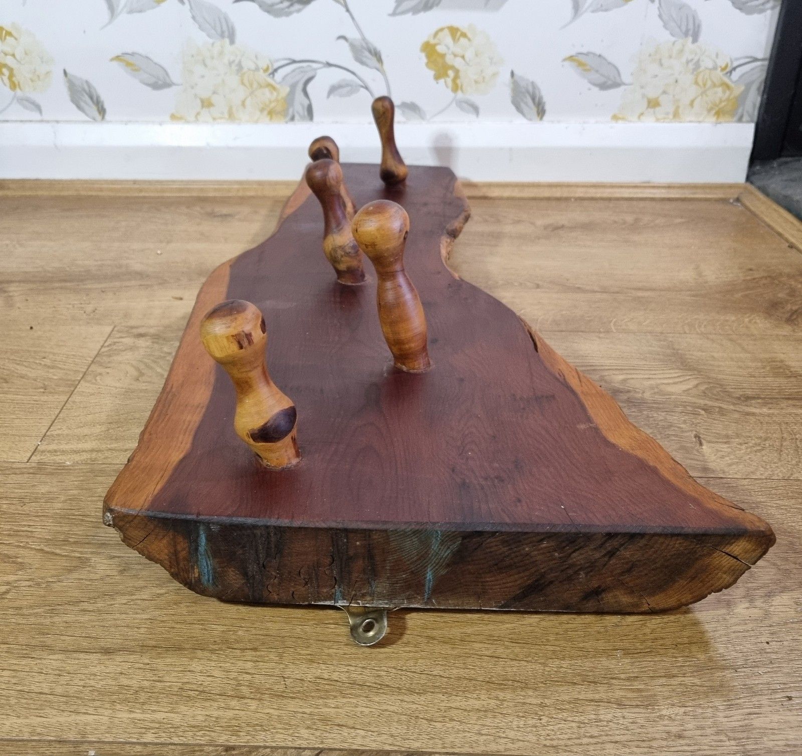 photo furniture Vintage Yew Coat Rack Live Waney Edge 5 Wooden Peg Hook Rustic Heavy Reclaimed