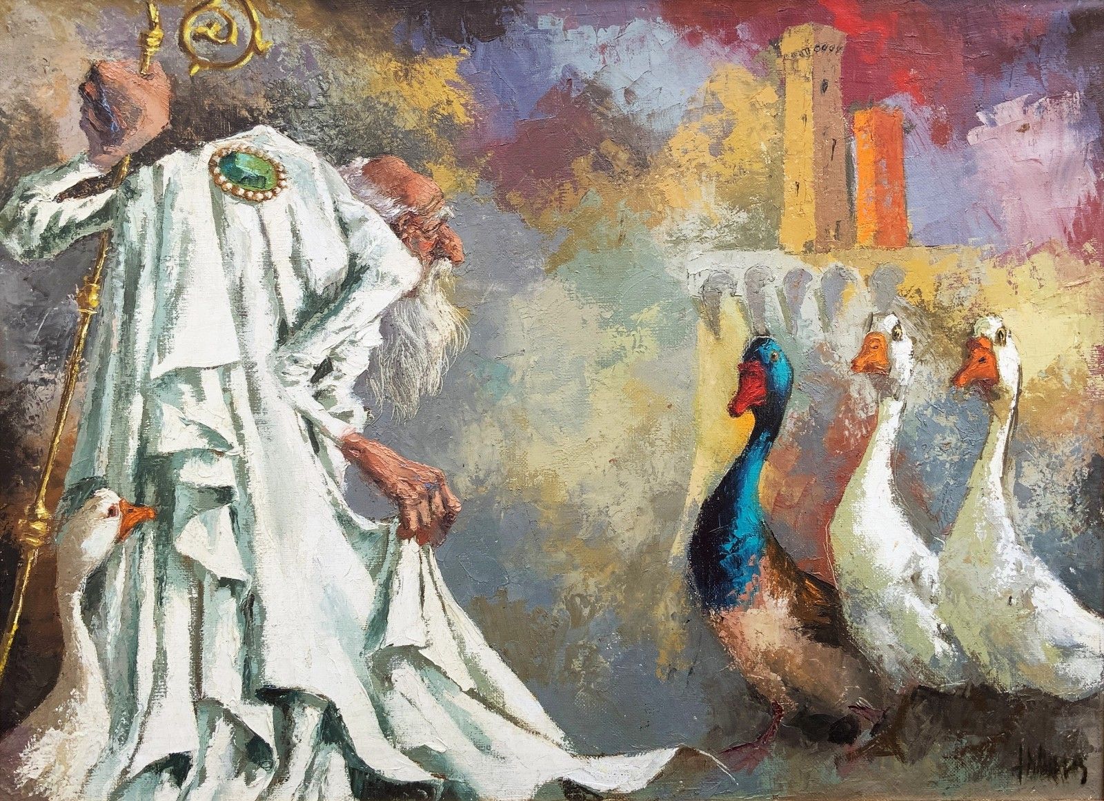 Original Vintage Oil Painting 'Archbishop And The Geese' After Marc Chagall photo for sale
