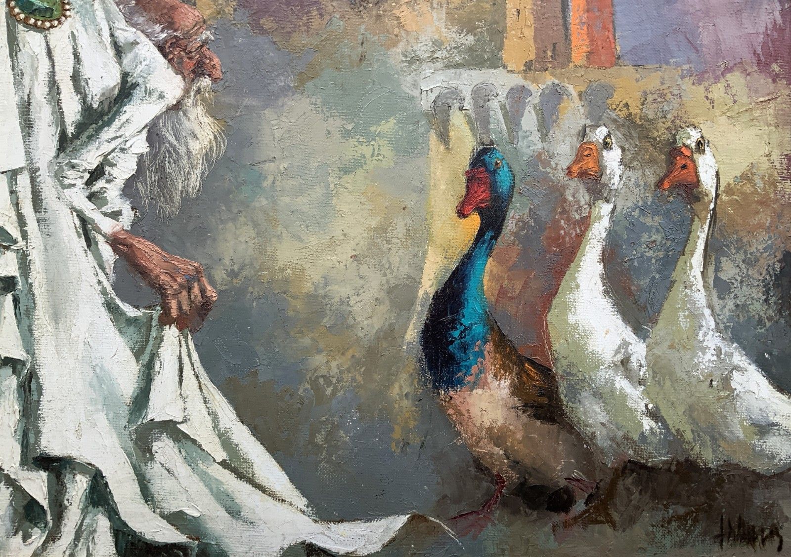 Original Vintage Oil Painting 'Archbishop And The Geese' After Marc Chagall photo buy