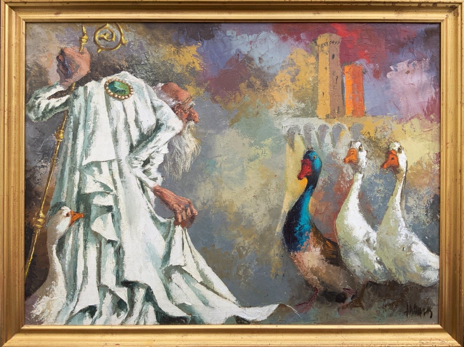 photo vinterior Original Vintage Oil Painting 'Archbishop And The Geese' After Marc Chagall