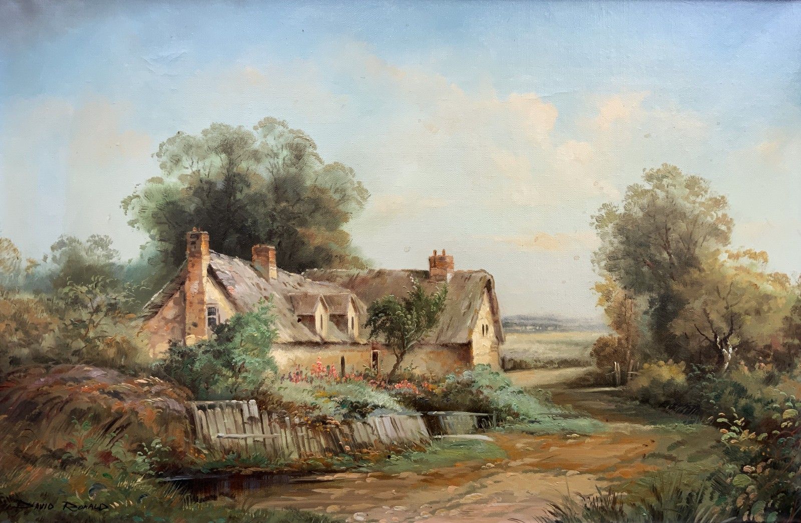 English Landscape Oil Painting Countryside Thatched Cottage Vintage 20th Century photo for sale