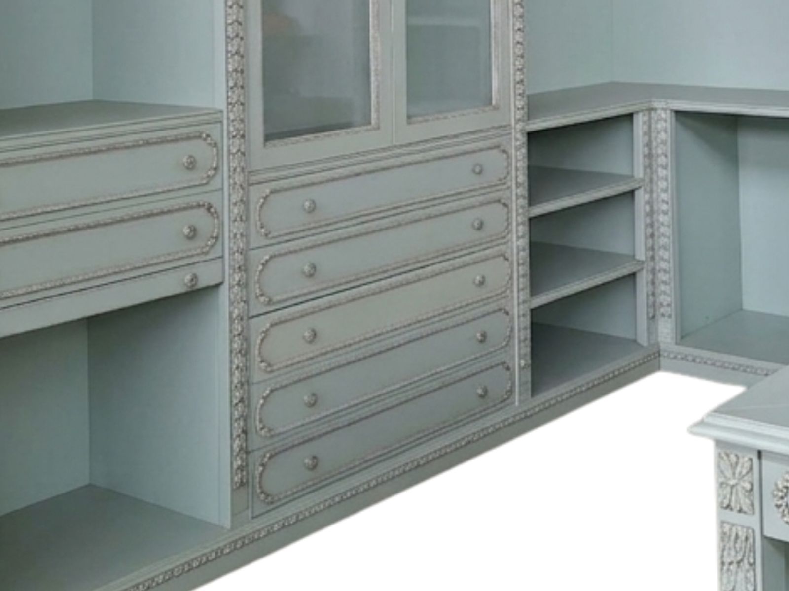 Cabina Armadio Aperta Classica In Tonalità Celeste/Grigio Perla Con Isola Centrale Multifunzione photo furniture