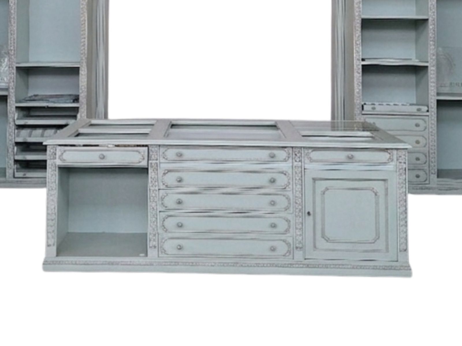 Cabina Armadio Aperta Classica In Tonalità Celeste/Grigio Perla Con Isola Centrale Multifunzione photo Furniture