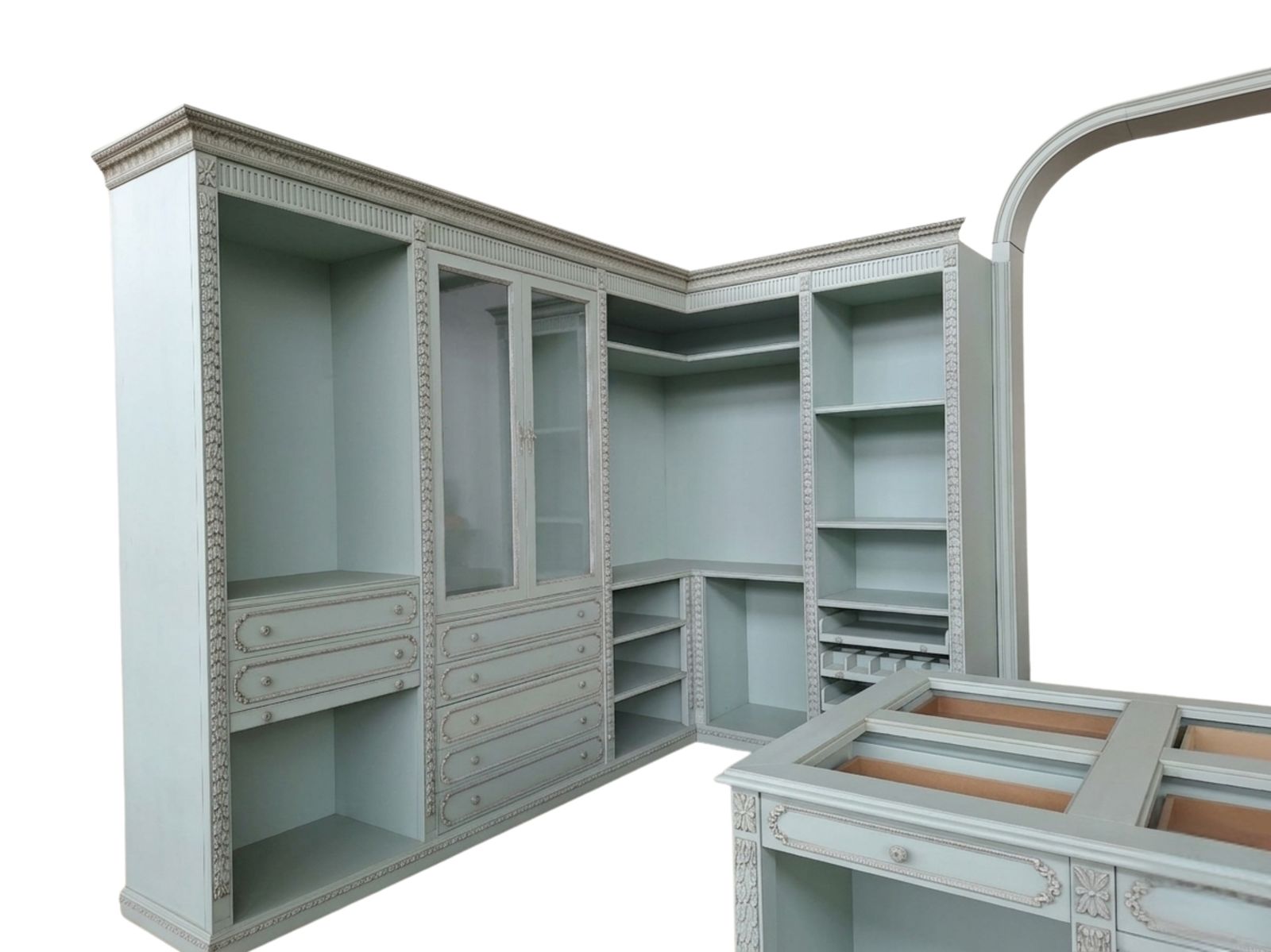 Cabina Armadio Aperta Classica In Tonalità Celeste/Grigio Perla Con Isola Centrale Multifunzione photo buy