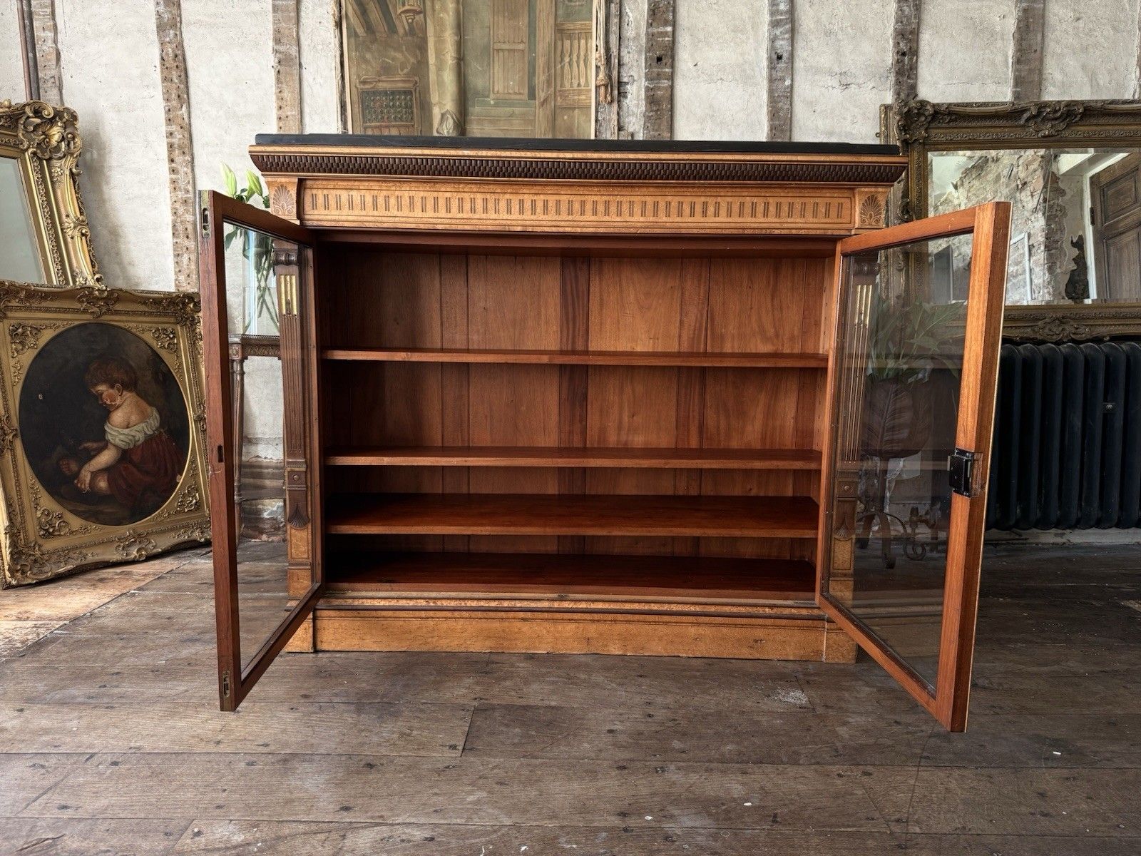 Furniture Lamb Of Manchester Burr Walnut Antique Display Cabinet Sideboard Granite Top photo
