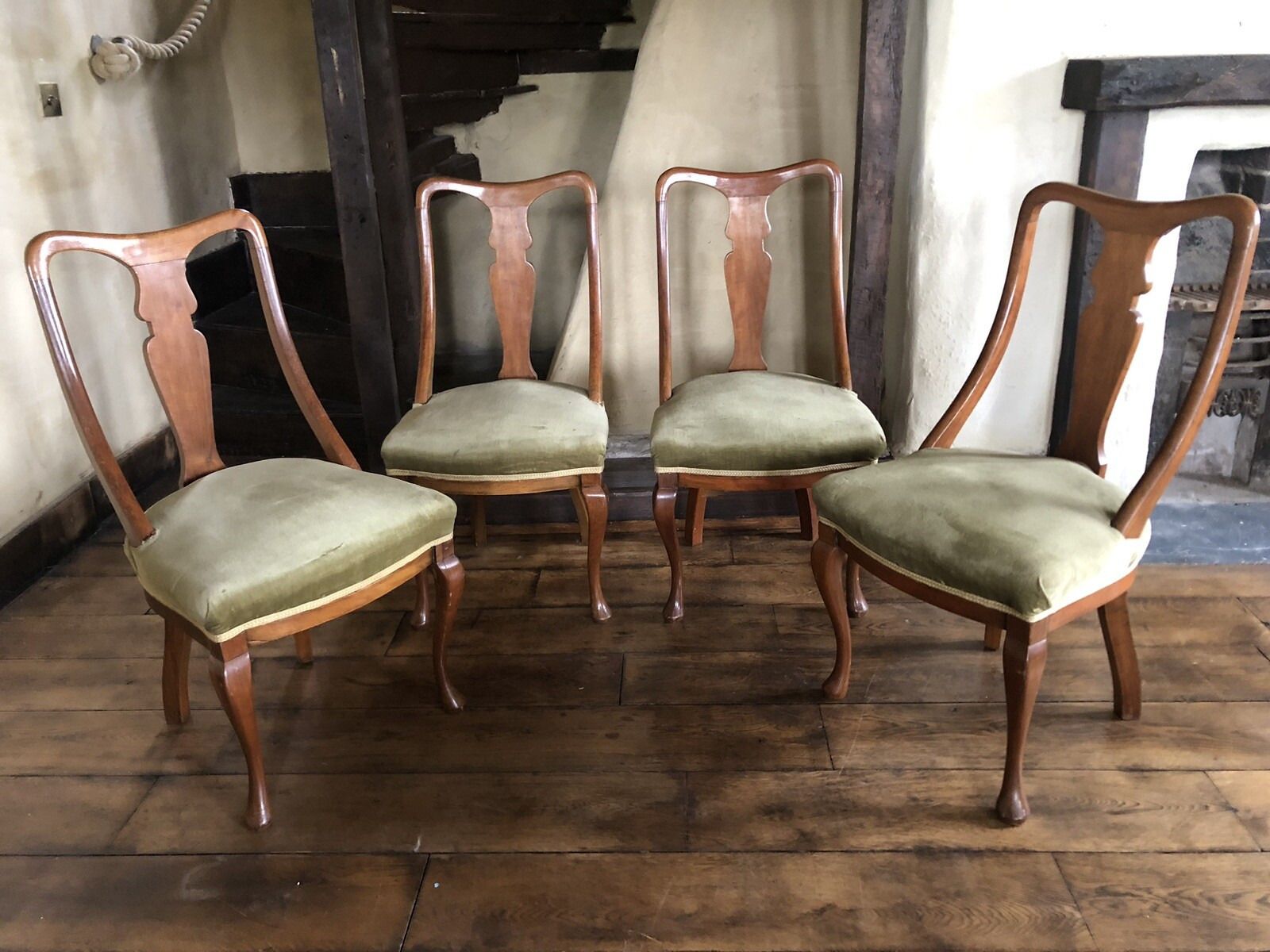 Elegantly Curved Queen Anne Vintage Antique Olive Green Velvet Chairs X 4 photo for sale