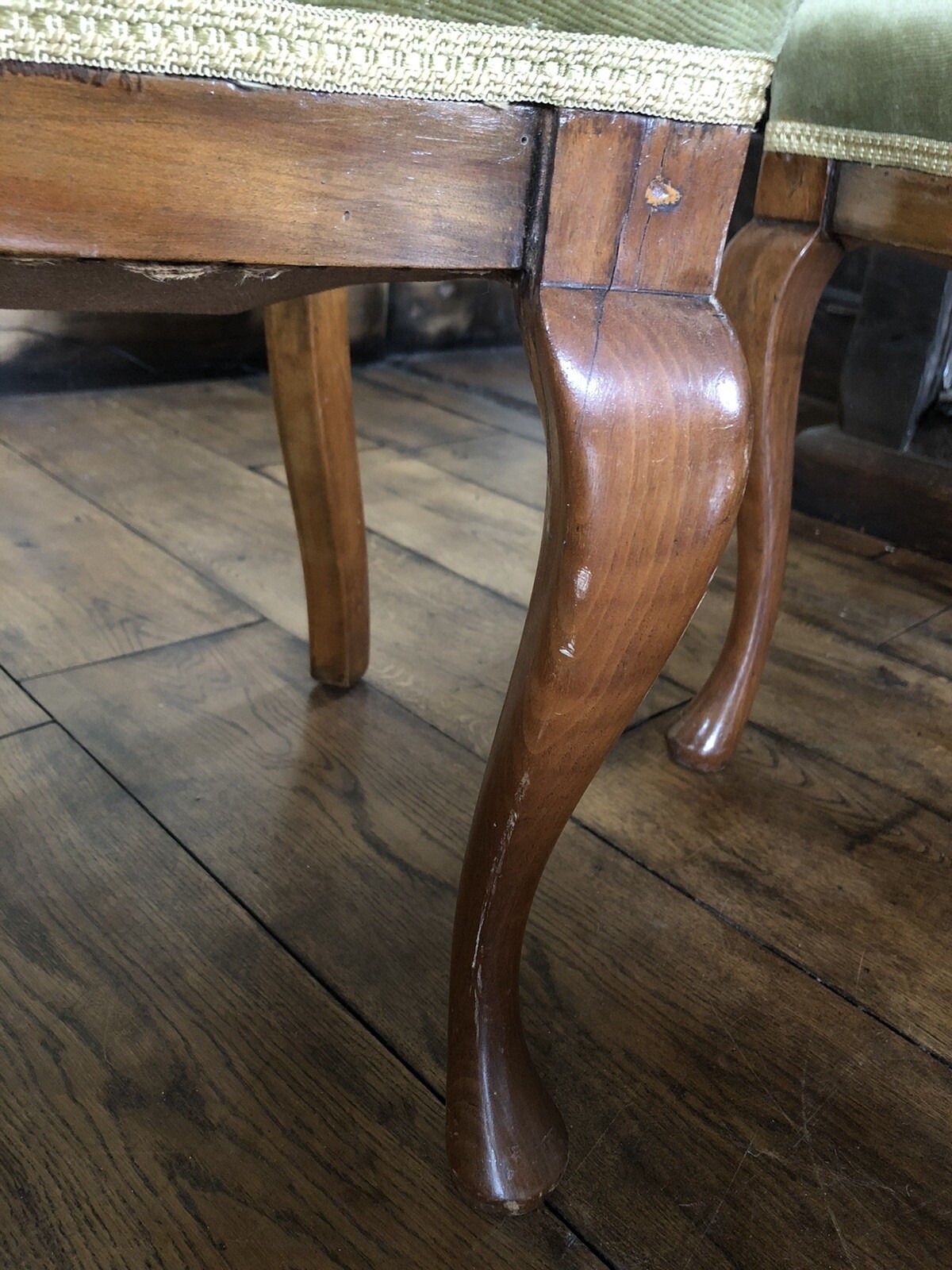 photo for sale Elegantly Curved Queen Anne Vintage Antique Olive Green Velvet Chairs X 4