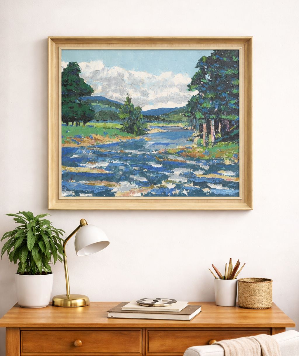 Scottish Impressionist Impasto Oil Painting River Landscape Mid Century photo furniture