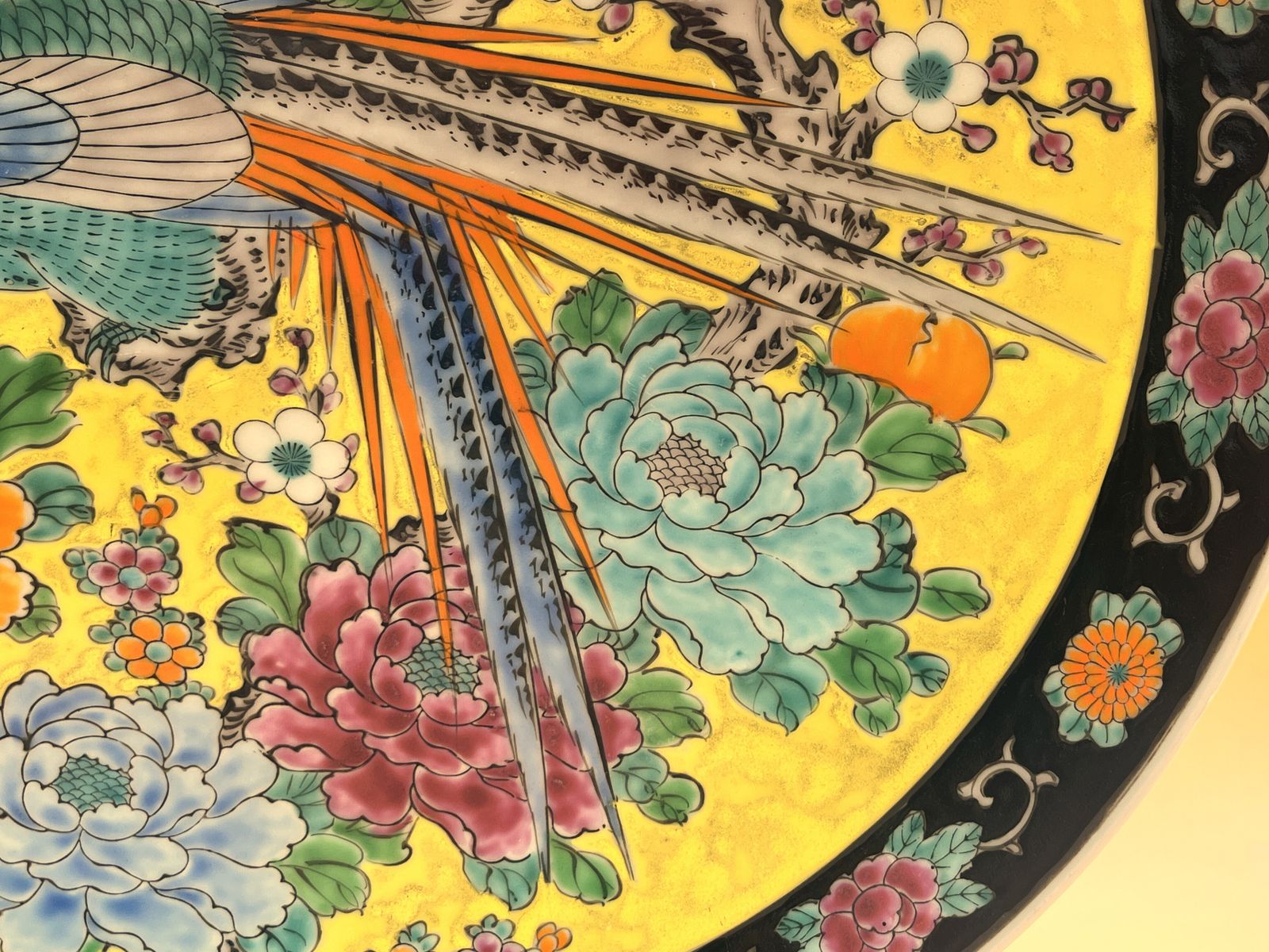 Antique Japanese Meiji Taisho Yamatoku Ware Wall Plaque / Charger, Asiatic Pheasants, Lotus And Dogwood Flowers. C1910. photo for sale
