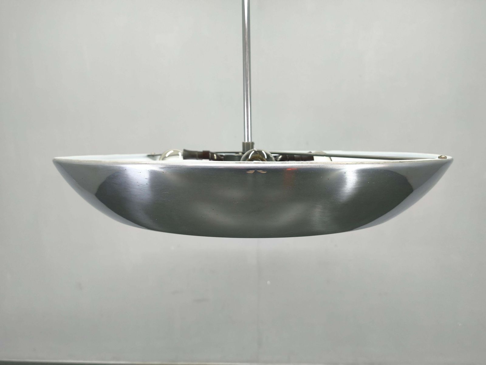 Bauhaus Ufo Chandelier By Drupol, Chrome Glass Pendant, 1940s photo for sale