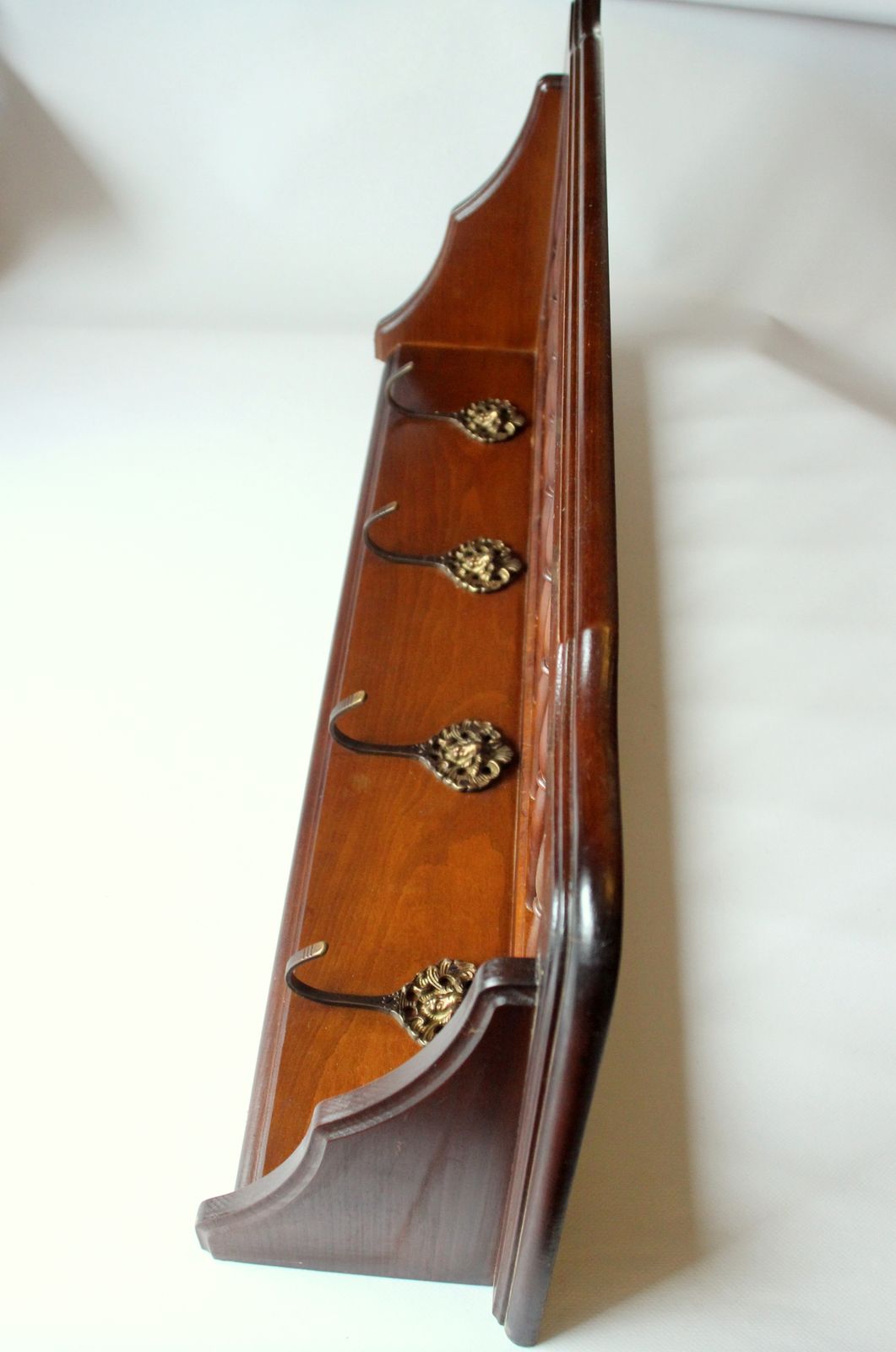 Wall Mounted Coat Rack  Made Of Walnut Wood With 4 Brass Hooks   Vintage From The 50s photo for sale