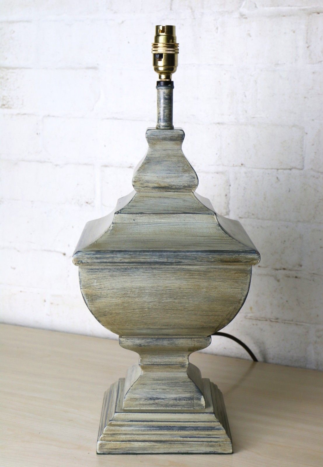 Table Lamp Vintage Large Ethnic Pagoda Shaped Wooden Lamp Distressed Grey Finish