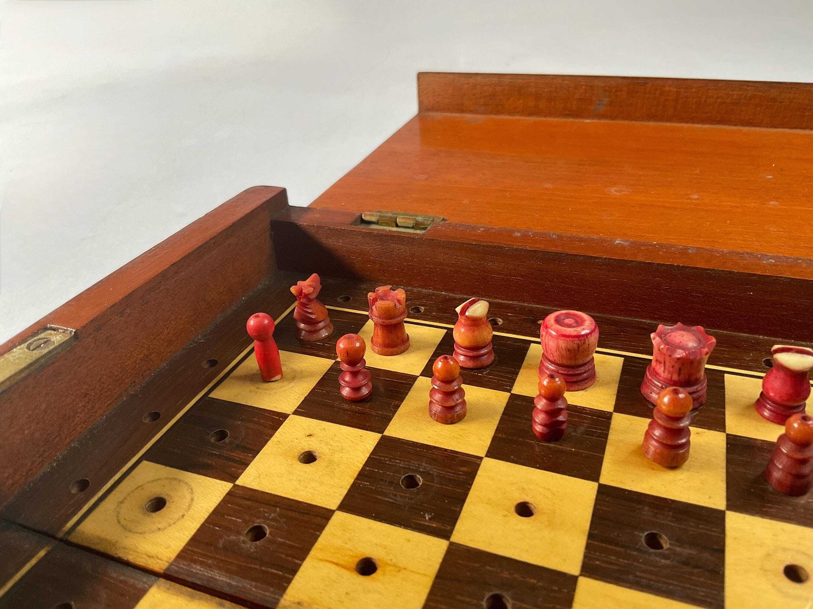 Home Decor Antique Victorian Mahogany Travel Chess Set – Hand Turned Bone Pieces – C.1880 photo