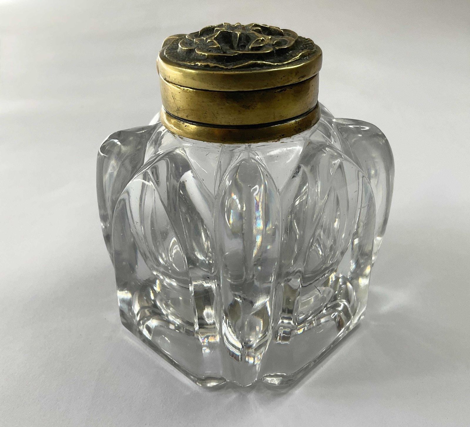 Decorative Victorian Glass Inkwell – Ornate Floral Chased Brass Lid – C.1890 photo furniture