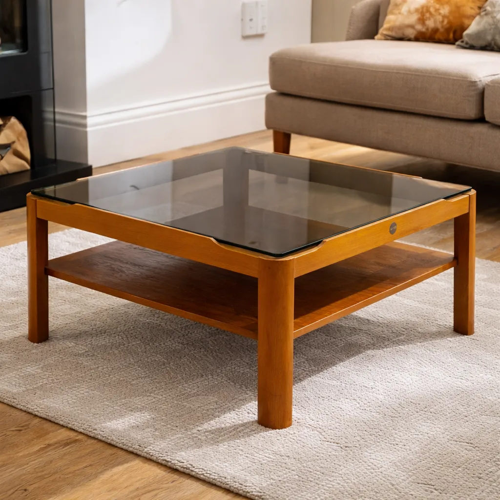 Myer Mid Century Modern Teak Coffee Table With Smoked Glass & Lower Shelf photo furniture