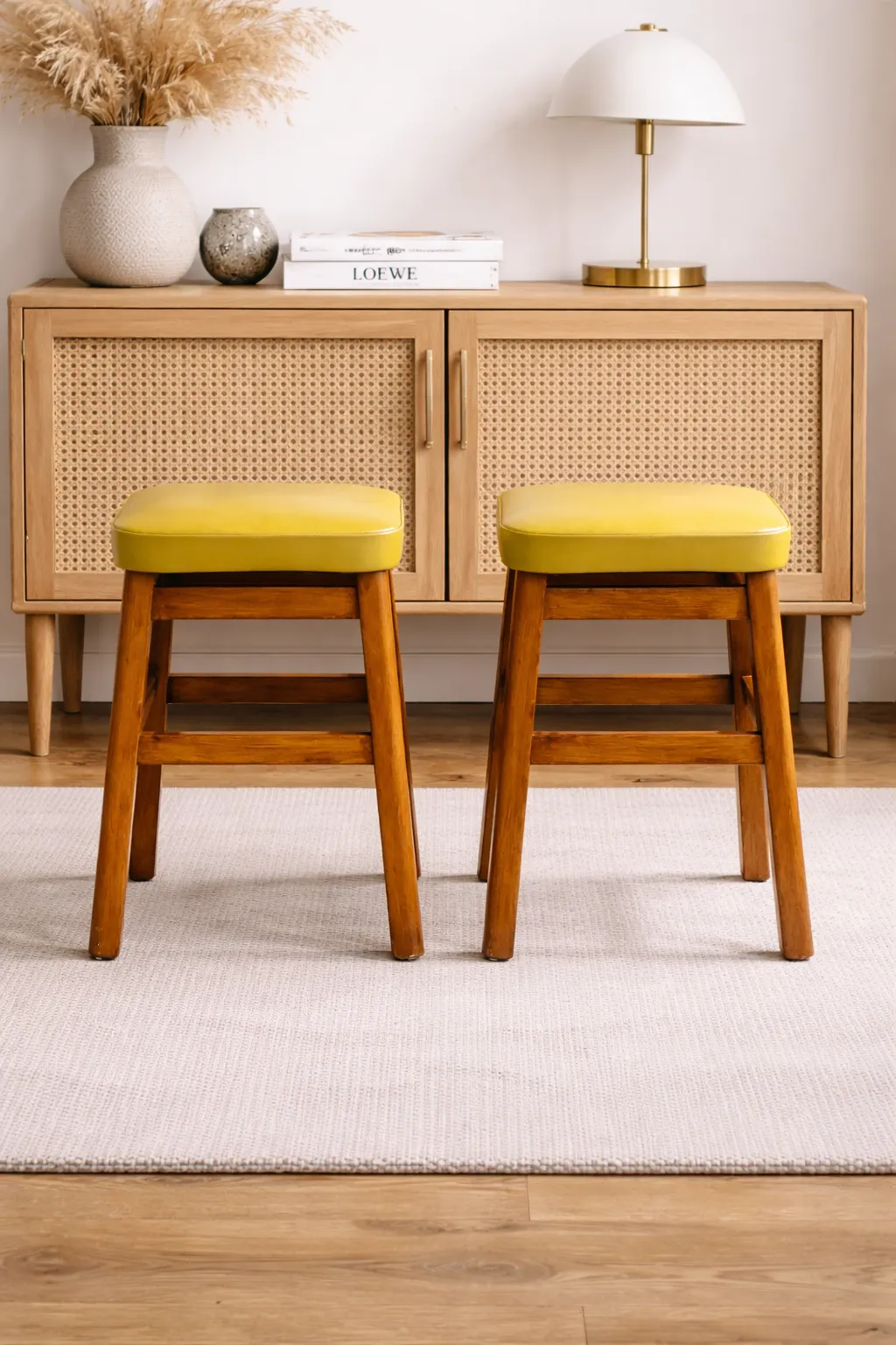 Vintage Mid Century Beech Wood Stools With Yellow Vinyl Seats – Set Of 2 photo furniture