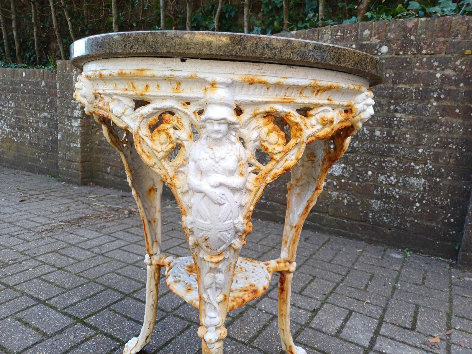 Victorian Cast Iron Britannia Garden Table   Marble Top Outdoor Bistro Table   Antique English Garden Furniture photo vintage