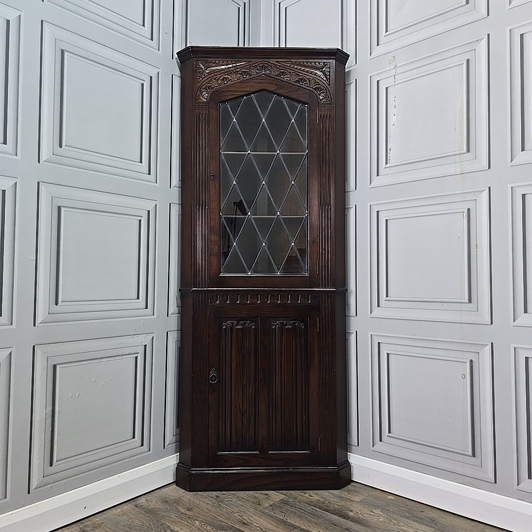 Vintage Corner Cabinet Leaded Glass Oak Gothic Revival Antique Style Cupboard photo for sale