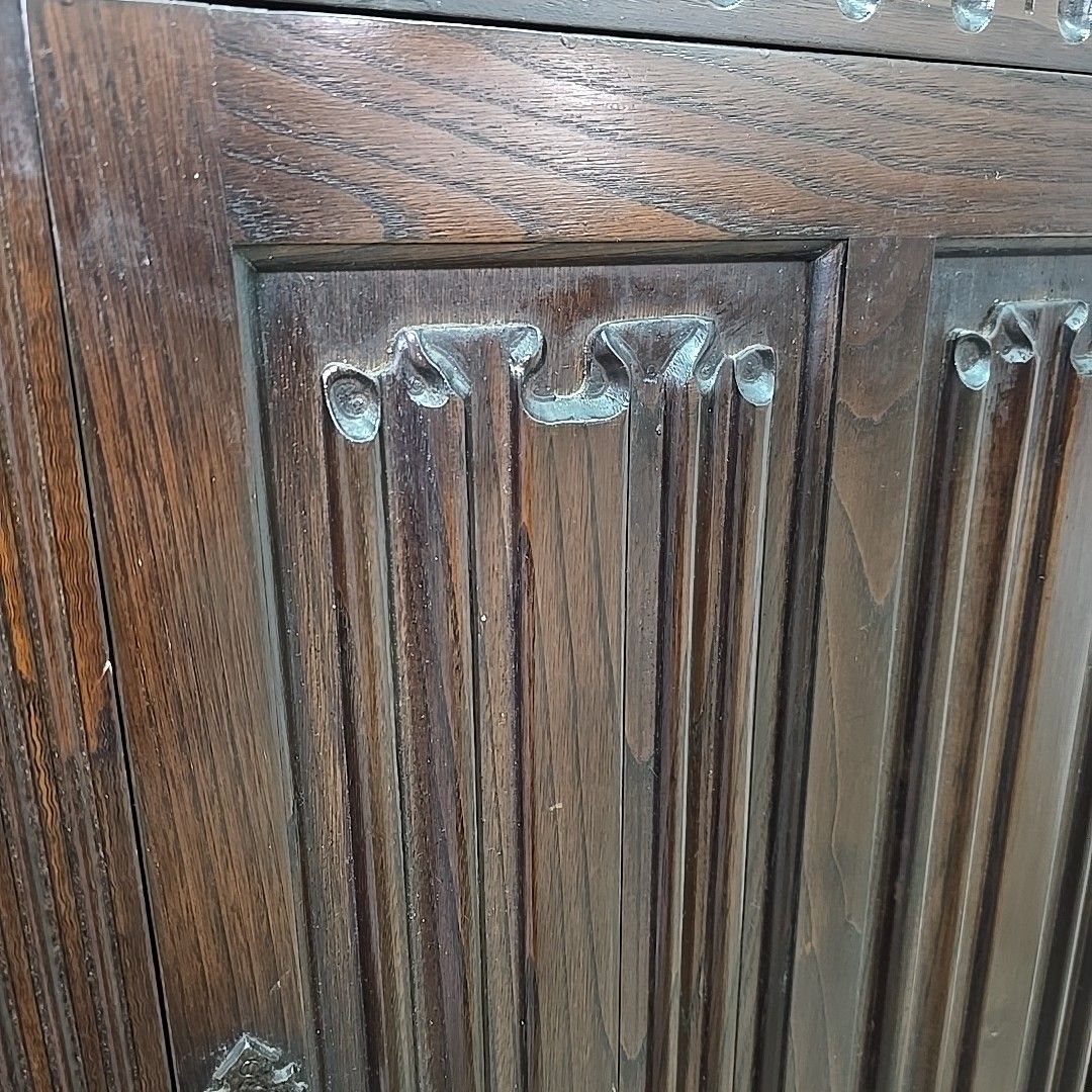 190.0 Vintage Corner Cabinet Leaded Glass Oak Gothic Revival Antique Style Cupboard photo