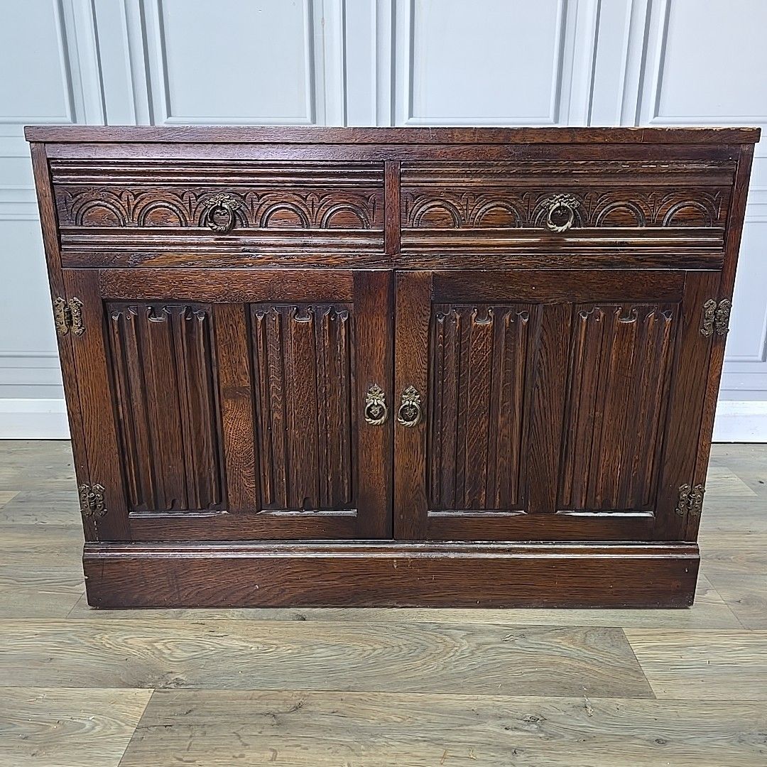 Vintage Oak Sideboard Cabinet Carved Linenfold Panelled Storage Cupboard Tv Unit photo vintage