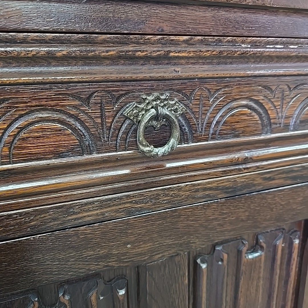 Furniture Vintage Oak Sideboard Cabinet Carved Linenfold Panelled Storage Cupboard Tv Unit photo