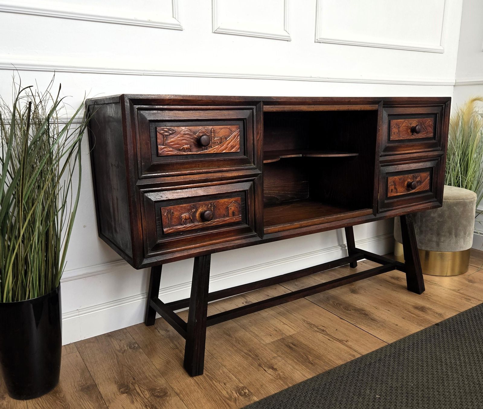 Furniture Italian Alpine Rustic Folk Art Chalet Carved Italian Sideboard Credenza photo