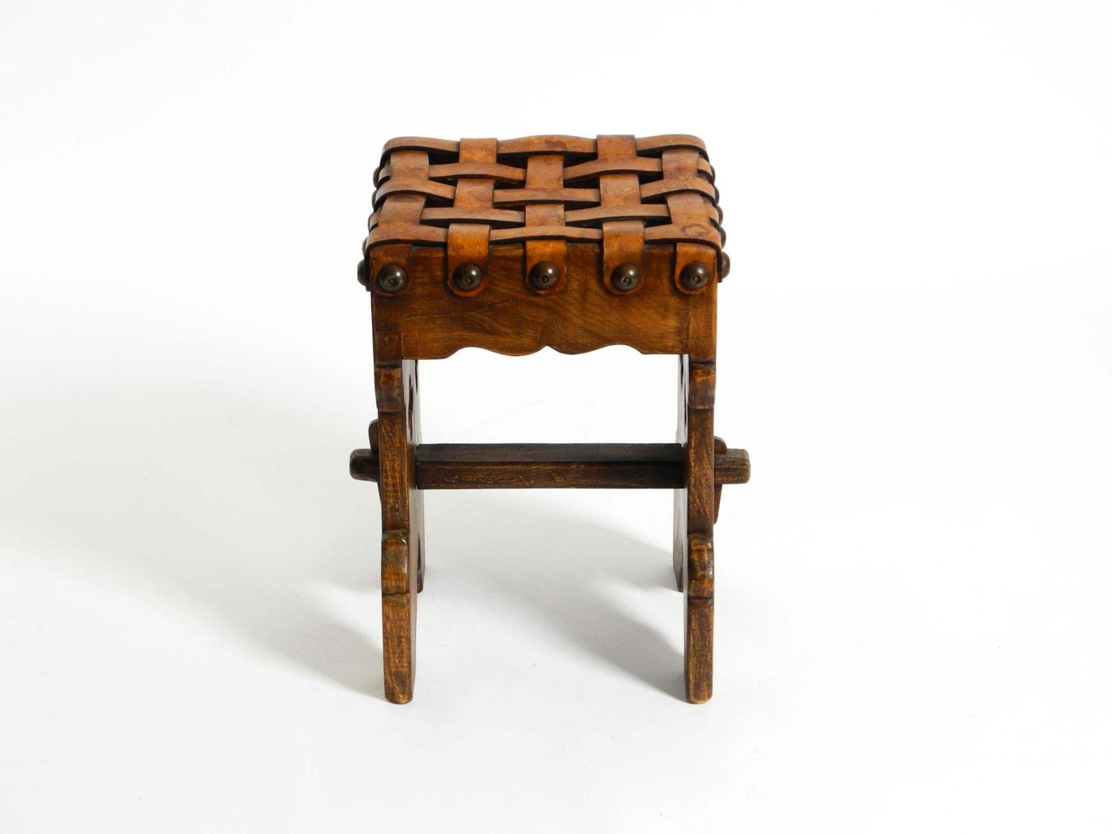 Beautiful 1940s Oak Stool With A Seat Made Of Leather Straps photo Furniture
