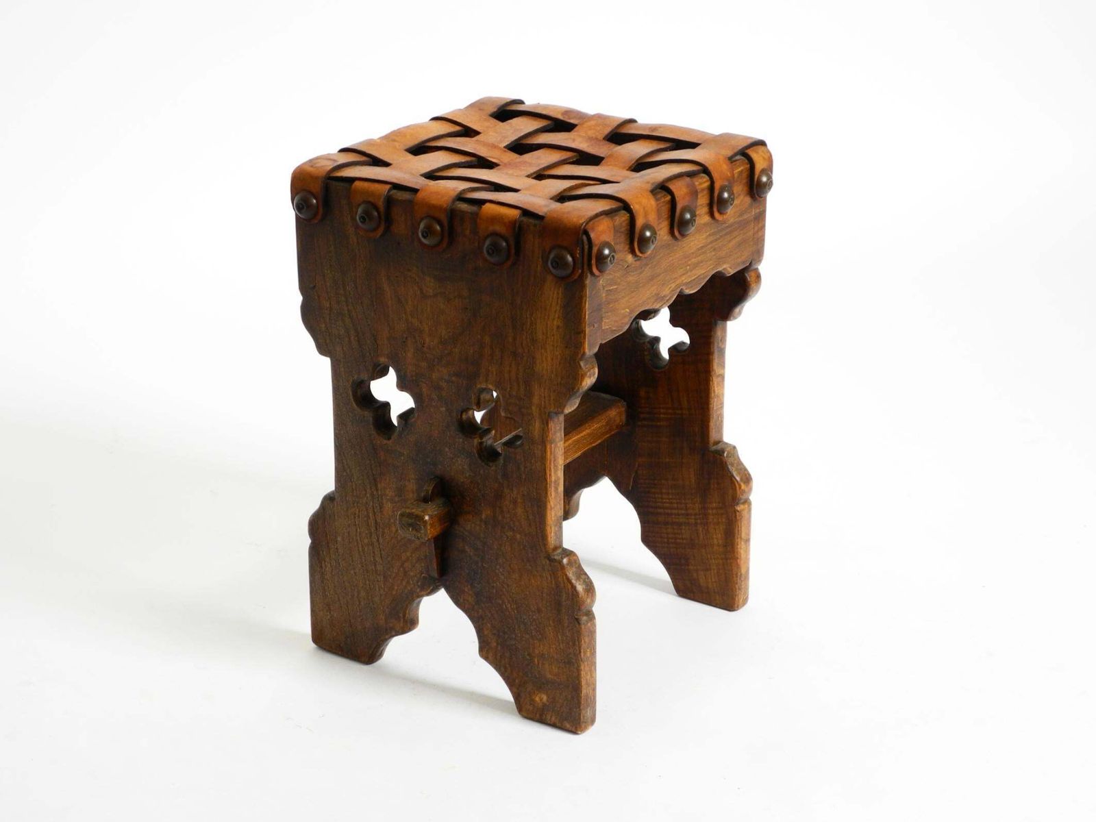 photo for sale Beautiful 1940s Oak Stool With A Seat Made Of Leather Straps