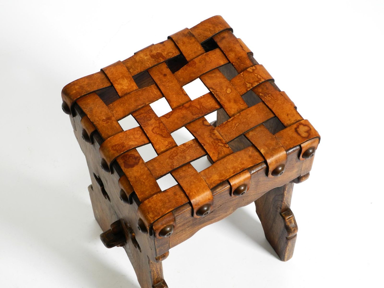 photo buy Beautiful 1940s Oak Stool With A Seat Made Of Leather Straps
