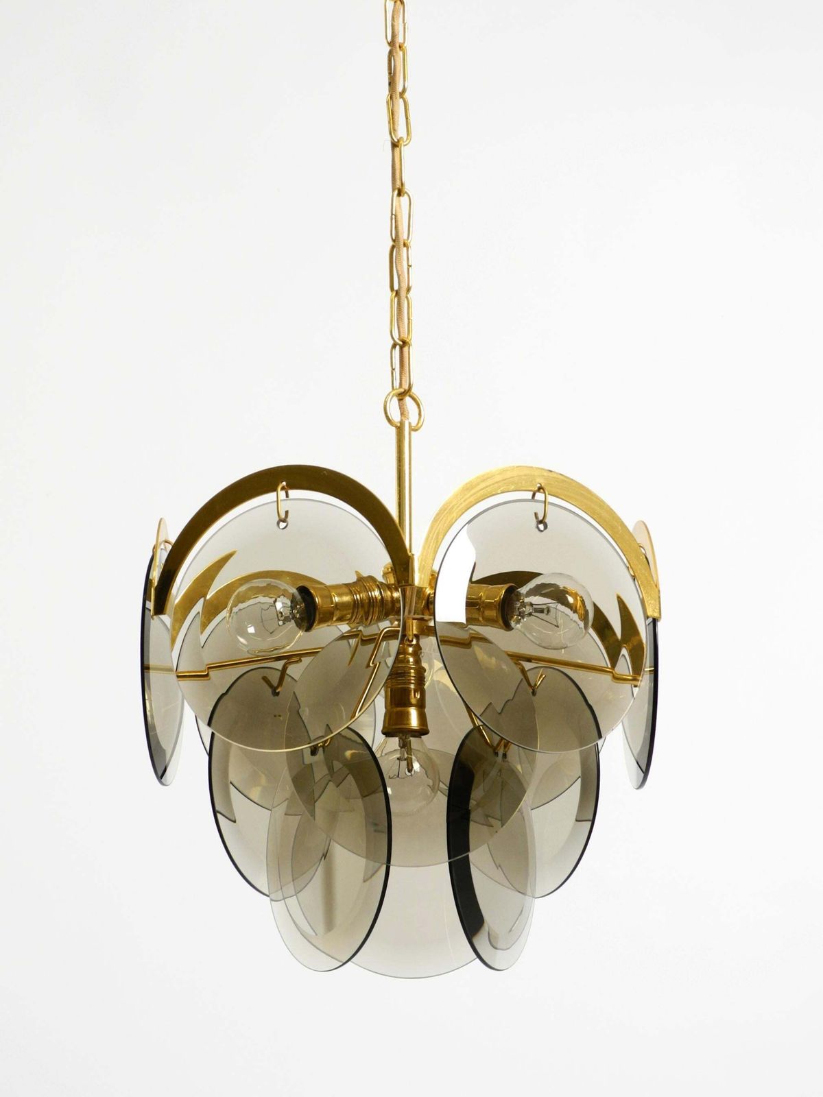 Beautiful 1960s Large Brass Ceiling Chandelier With Large Round Glass Plates photo vinterior