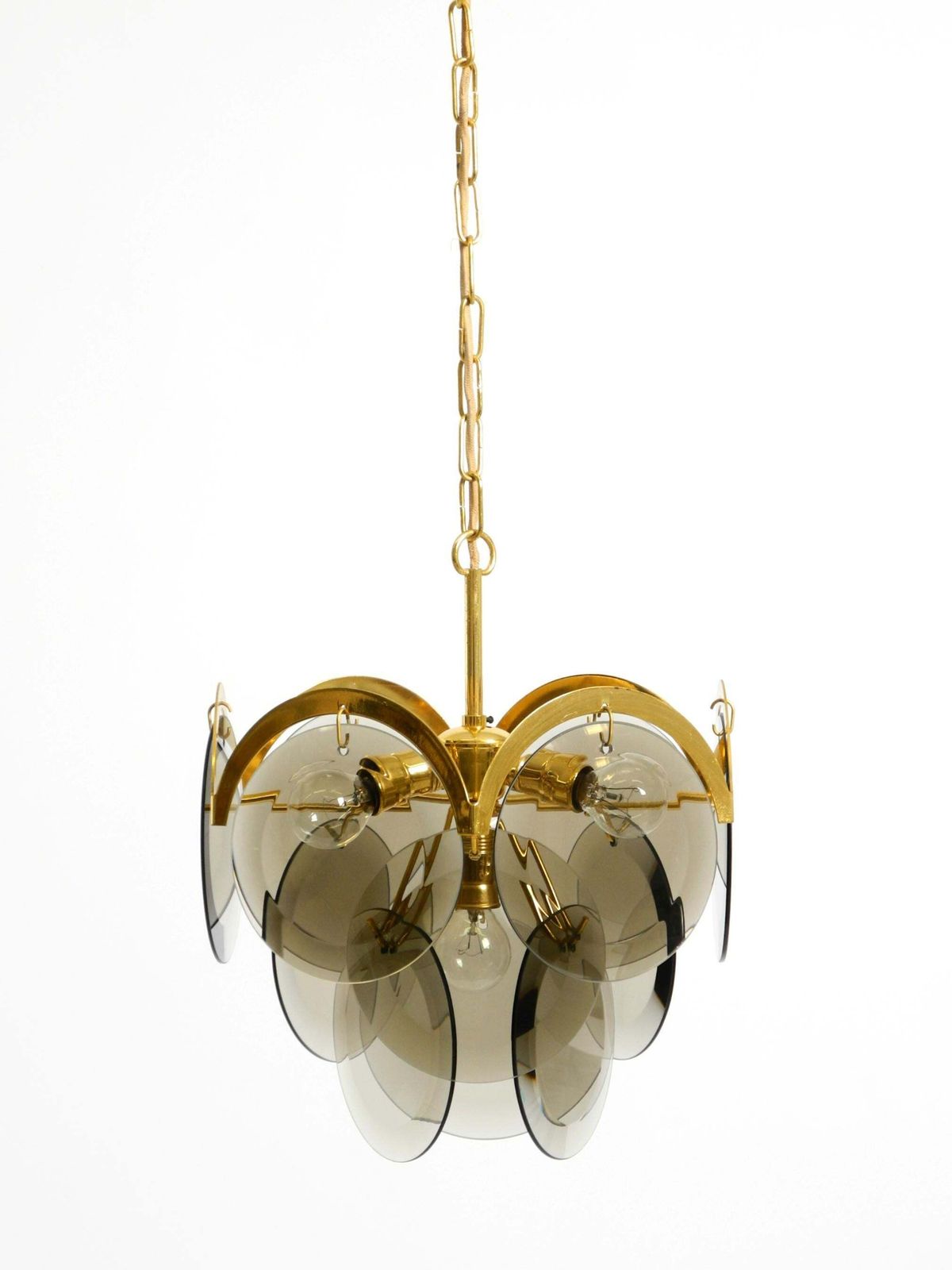Beautiful 1960s Large Brass Ceiling Chandelier With Large Round Glass Plates photo buy