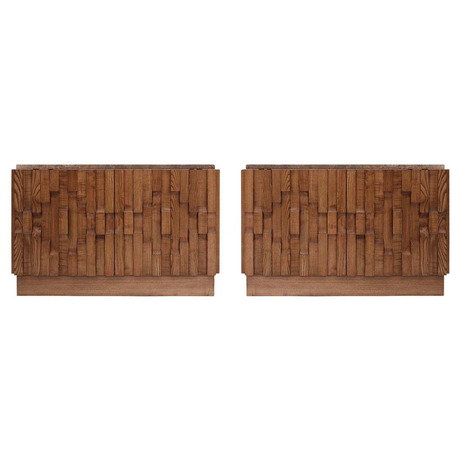 Contemporary Solid Oak Wood And Travertine Pair Of Italian Sideboards