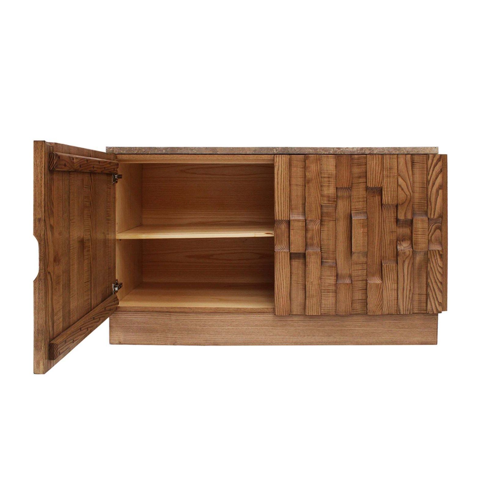 Contemporary Solid Oak Wood And Travertine Pair Of Italian Sideboards photo vinterior