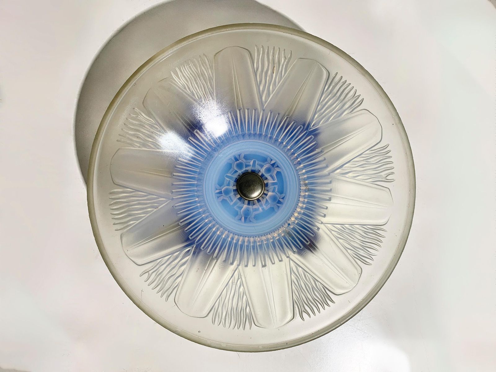 Art Deco Opalescent Glass Centerpiece Bowl With Sunflower Motif, Lalique Style photo for sale