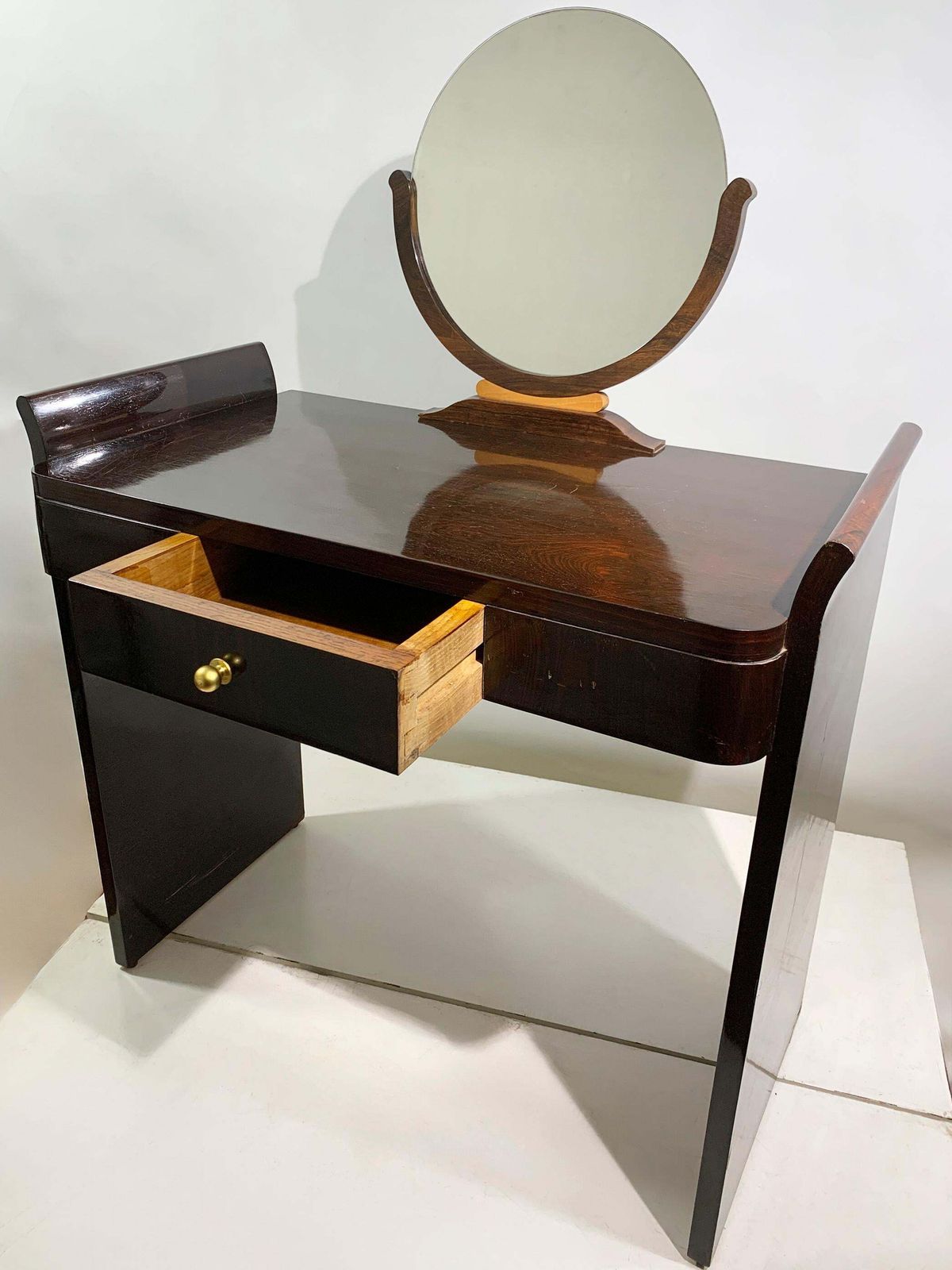 Furniture Art Deco Vanity/Dressing Table With Round Mirror, France, Circa 1930's photo