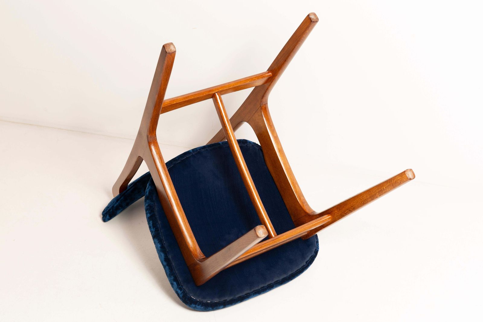 photo for sale Ten Mid Century Navy Blue Velvet Chairs, Walnut Wood, Rajmund Halas, 1960s