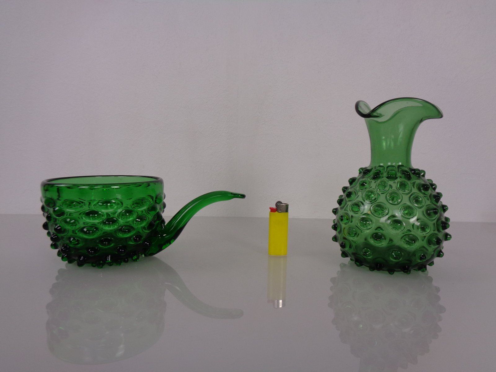 Italian Green Bubble Glass Vase & Bowl From Empoli, 1960s, Set Of 2 photo for sale