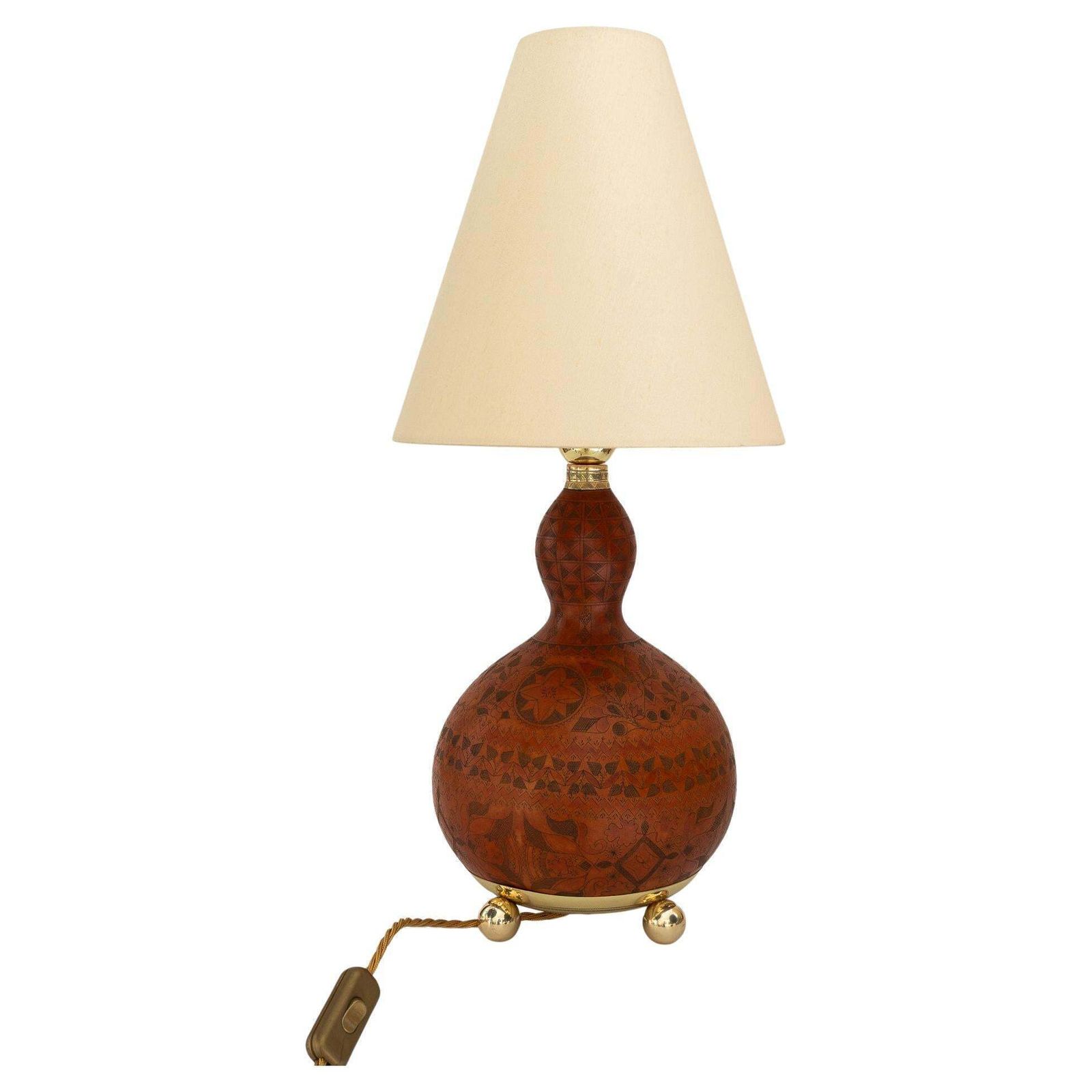 Art Deco Table Lamp With A Sort Of Pumpkin Hand Engraved With Fabric Shade 1920s