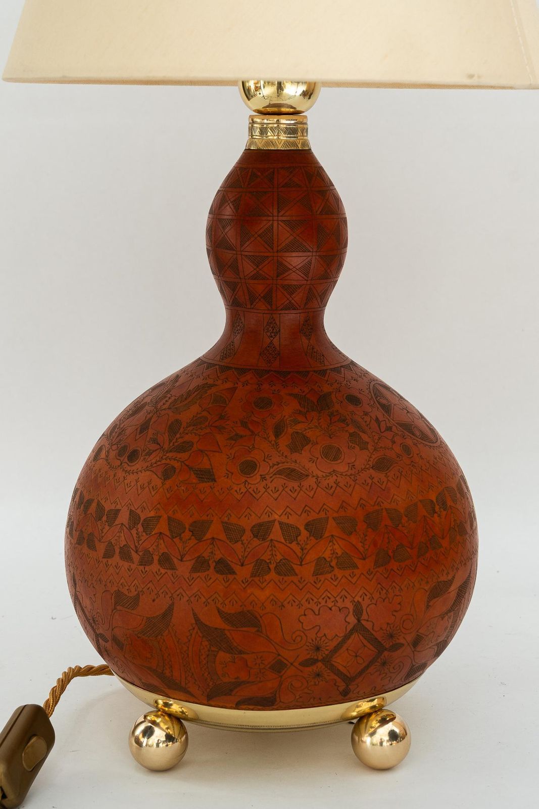 Art Deco Table Lamp With A Sort Of Pumpkin Hand Engraved With Fabric Shade 1920s photo Lighting