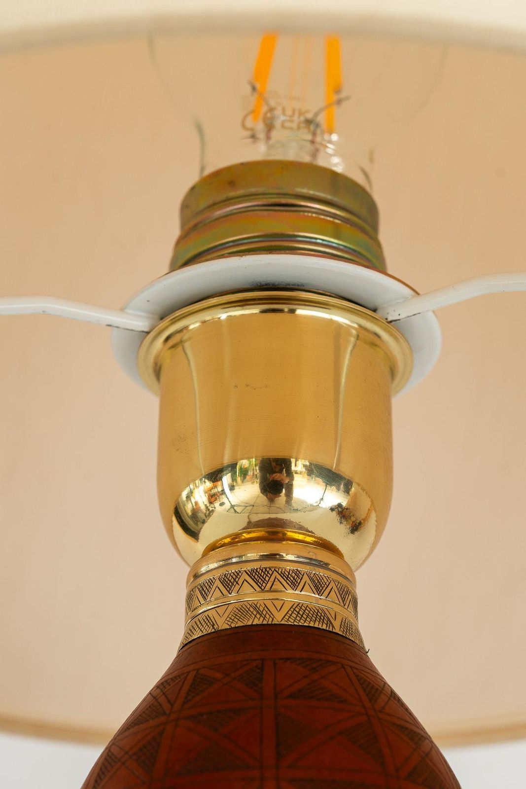 Art Deco Table Lamp With A Sort Of Pumpkin Hand Engraved With Fabric Shade 1920s photo vintage