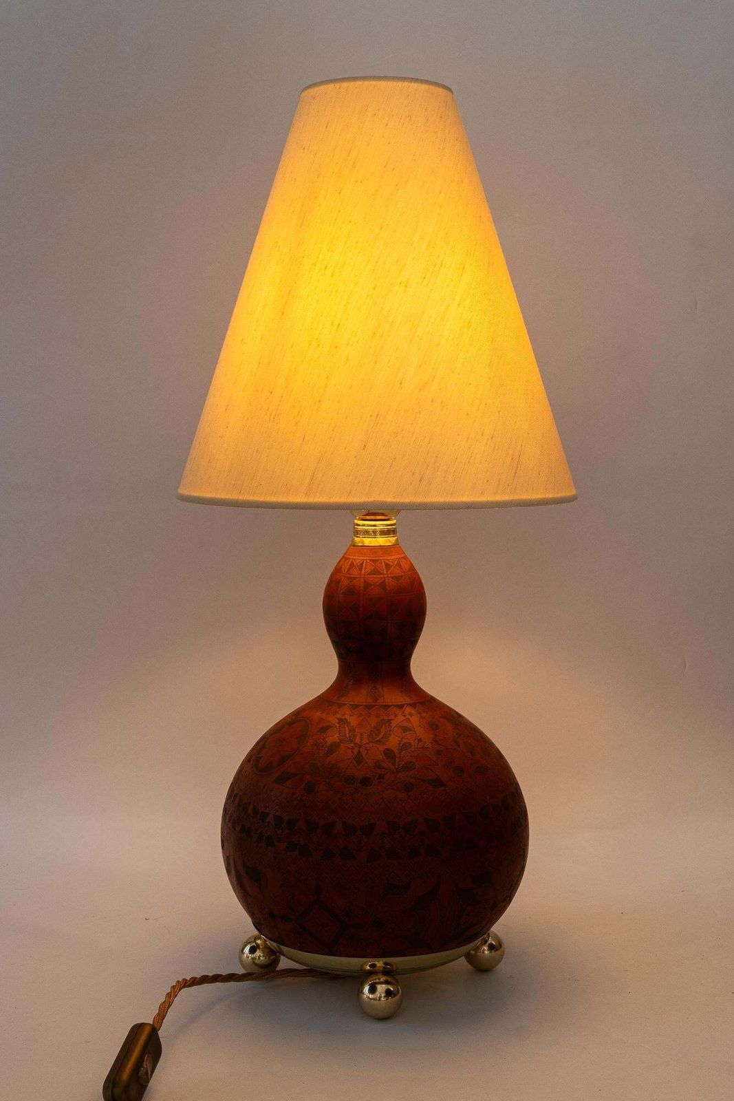 Lighting Art Deco Table Lamp With A Sort Of Pumpkin Hand Engraved With Fabric Shade 1920s photo