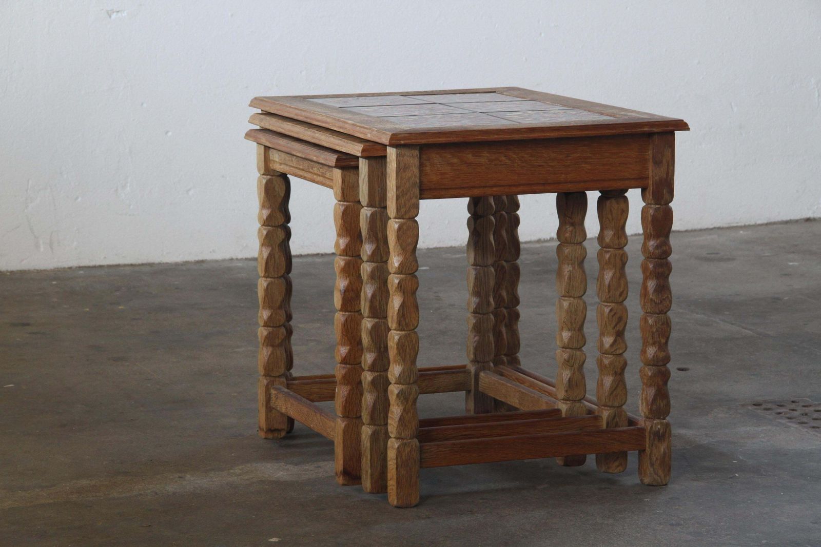 Vintage 60s Danish Brutalist Oak Nesting Tables In The Style Of Henning Kjærnulf photo Furniture