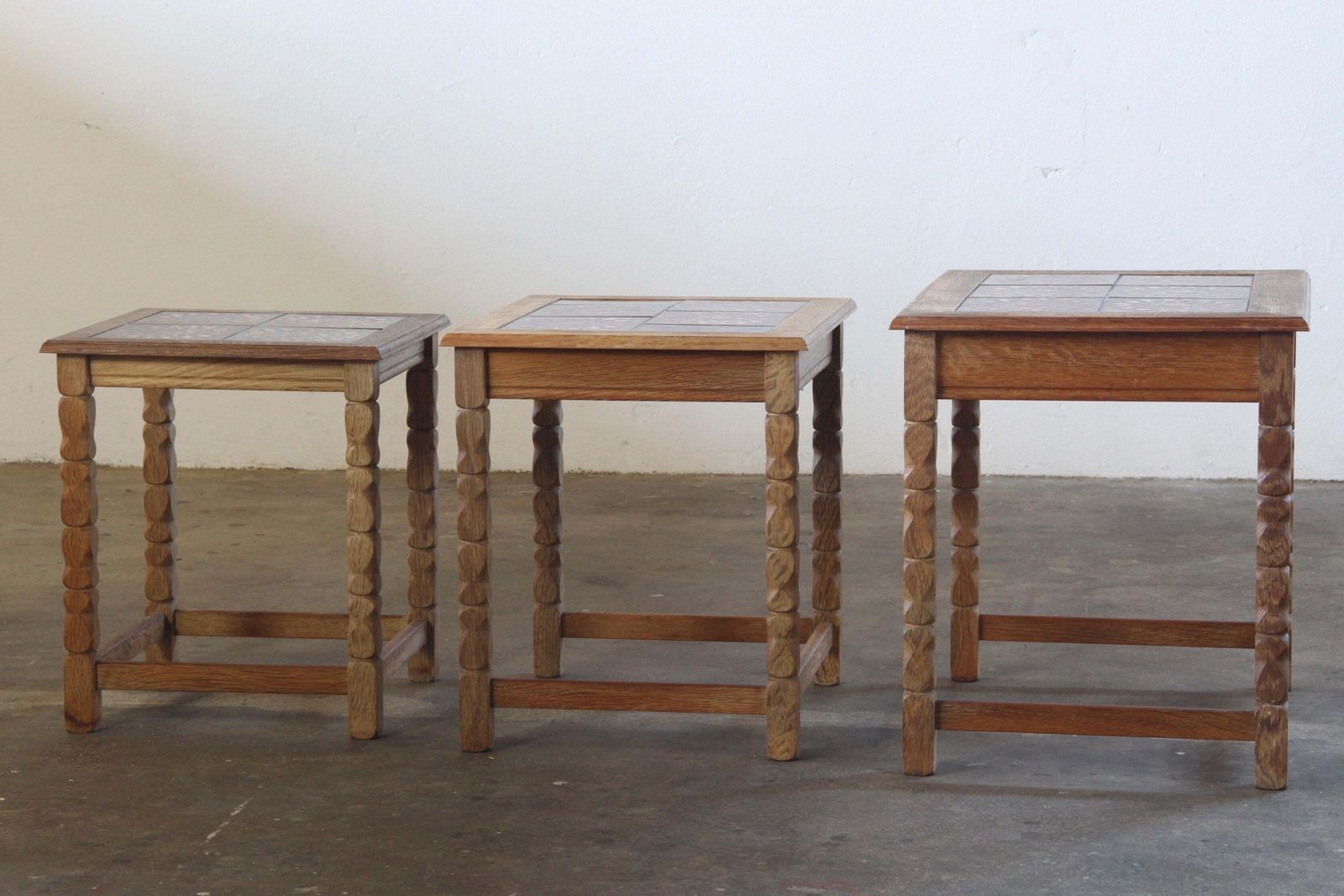 Vintage 60s Danish Brutalist Oak Nesting Tables In The Style Of Henning Kjærnulf photo vinterior