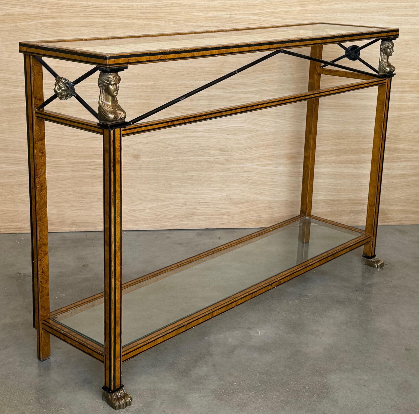 Maison Jansen Style Neoclassical Brass, Steel & Glass Console, France, C 1960 photo vinterior