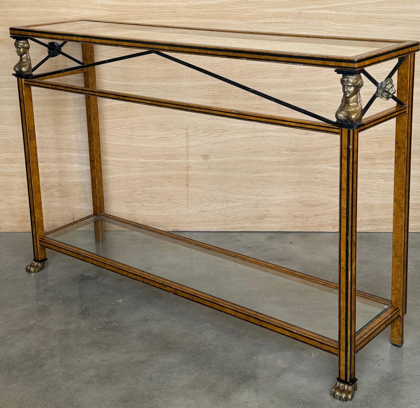 Maison Jansen Style Neoclassical Brass, Steel & Glass Console, France, C 1960 photo vintage